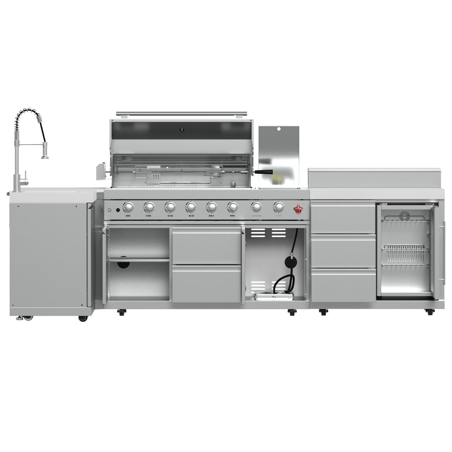 FORNO Bulnes 40-Inch BBQ, 95,000 BTU, 5 Burners, Sear & Rotisserie Infrared with Side Burner, Stainless Steel Outdoor Kitchen with 1.8 cu.ft. Beverage Center & White Sintered Stone Countertops - Forno Appliances