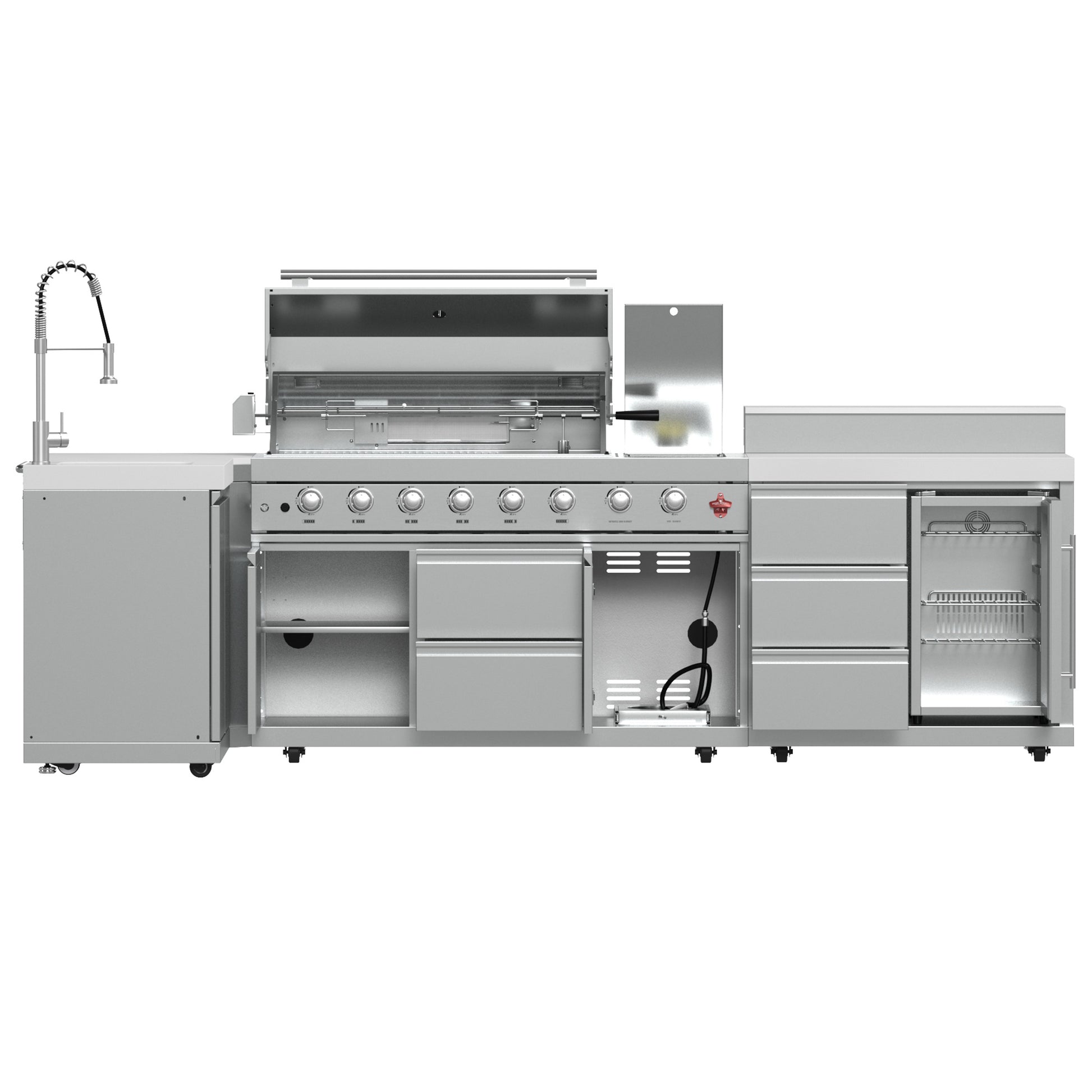 FORNO Bulnes 40-Inch BBQ, 95,000 BTU, 5 Burners, Sear & Rotisserie Infrared with Side Burner, Stainless Steel Outdoor Kitchen with 1.8 cu.ft. Beverage Center & White Sintered Stone Countertops - Forno Appliances