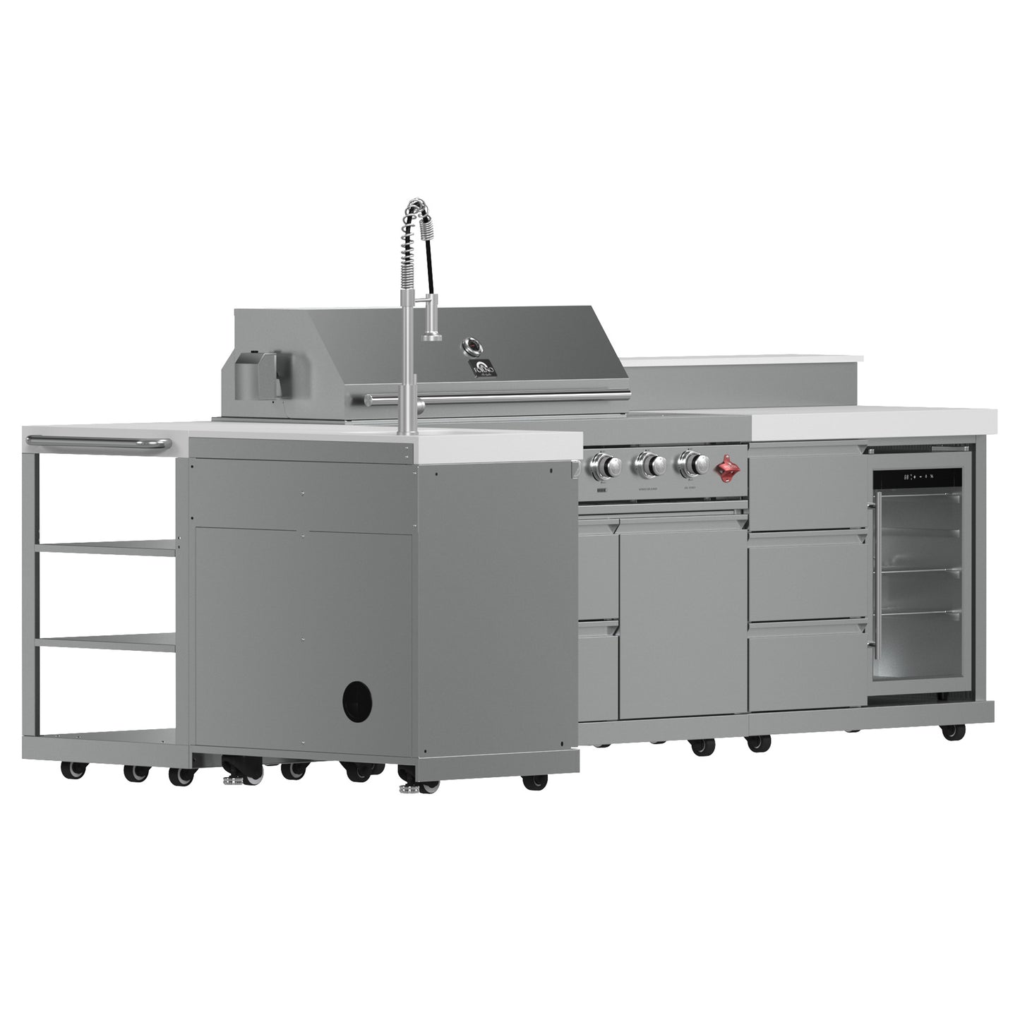 FORNO Bulnes 40-Inch BBQ, 95,000 BTU, 5 Burners, Sear & Rotisserie Infrared with Side Burner, Stainless Steel Outdoor Kitchen with 1.8 cu.ft. Beverage Center & White Sintered Stone Countertops - Forno Appliances