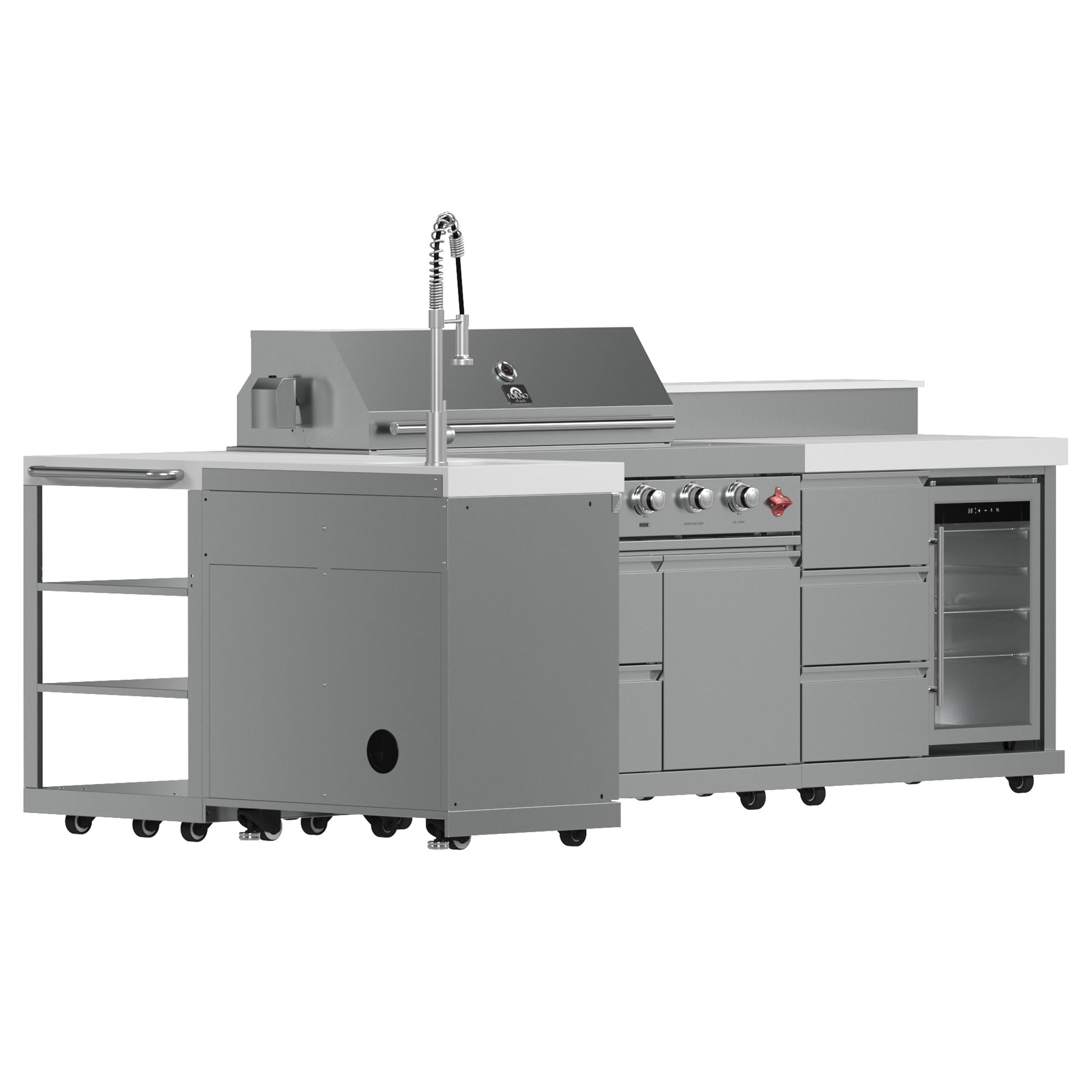 FORNO Bulnes 40-Inch BBQ, 95,000 BTU, 5 Burners, Sear & Rotisserie Infrared with Side Burner, Stainless Steel Outdoor Kitchen with 1.8 cu.ft. Beverage Center & White Sintered Stone Countertops - Forno Appliances