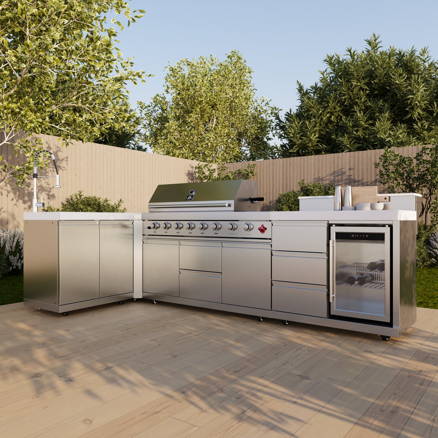 FORNO Bulnes 40-Inch BBQ, 95,000 BTU, 5 Burners, Sear & Rotisserie Infrared with Side Burner, Stainless Steel Outdoor Kitchen with 1.8 cu.ft. Beverage Center & White Sintered Stone Countertops - Forno Appliances