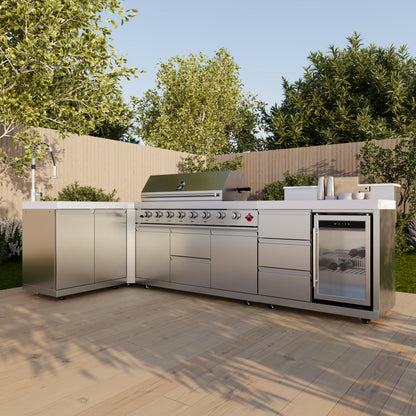 FORNO Bulnes 40-Inch BBQ, 95,000 BTU, 5 Burners, Sear & Rotisserie Infrared with Side Burner, Stainless Steel Outdoor Kitchen with 1.8 cu.ft. Beverage Center & White Sintered Stone Countertops - Forno Appliances