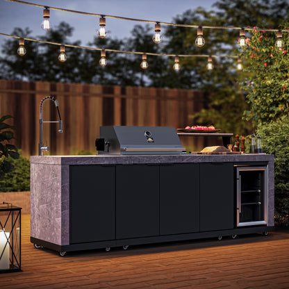 Forno Rimini Outdoor Kitchen 30" BBQ 62,600 BTU, 3 Burners with Sear & Rotisserie, 2.4 cu.ft. Beverage Center, Stainless Steel Sink, Black Cabinets & Gray Sintered Stone Countertop - Forno Appliances