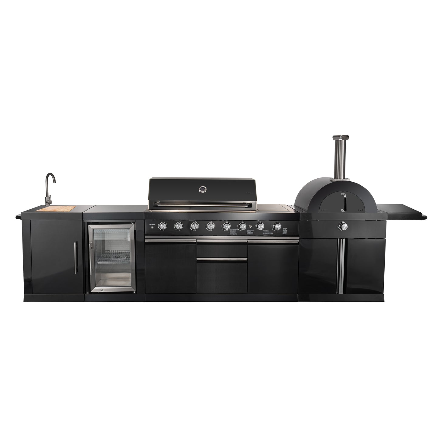 Forno All’Aperto 87,600 BTU Outdoor Kitchen, 4 Burners, Infrared Burners, Side Burner, Black Sintered Stone Countertops, Gas Pizza Oven, Sink Module, Bar & Beverage Center - Forno Appliances