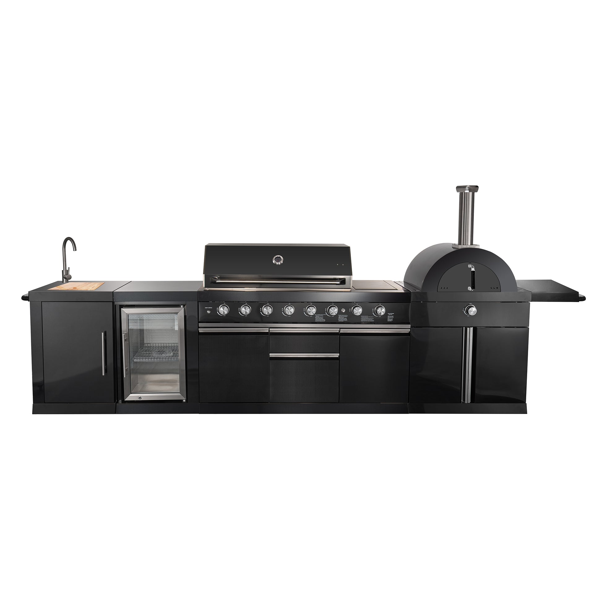 Forno All’Aperto 87,600 BTU Outdoor Kitchen, 4 Burners, Infrared Burners, Side Burner, Black Sintered Stone Countertops, Gas Pizza Oven, Sink Module, Bar & Beverage Center - Forno Appliances