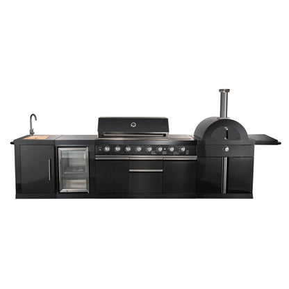 Forno All’Aperto 87,600 BTU Outdoor Kitchen, 4 Burners, Infrared Burners, Side Burner, Black Sintered Stone Countertops, Gas Pizza Oven, Sink Module, Bar & Beverage Center - Forno Appliances