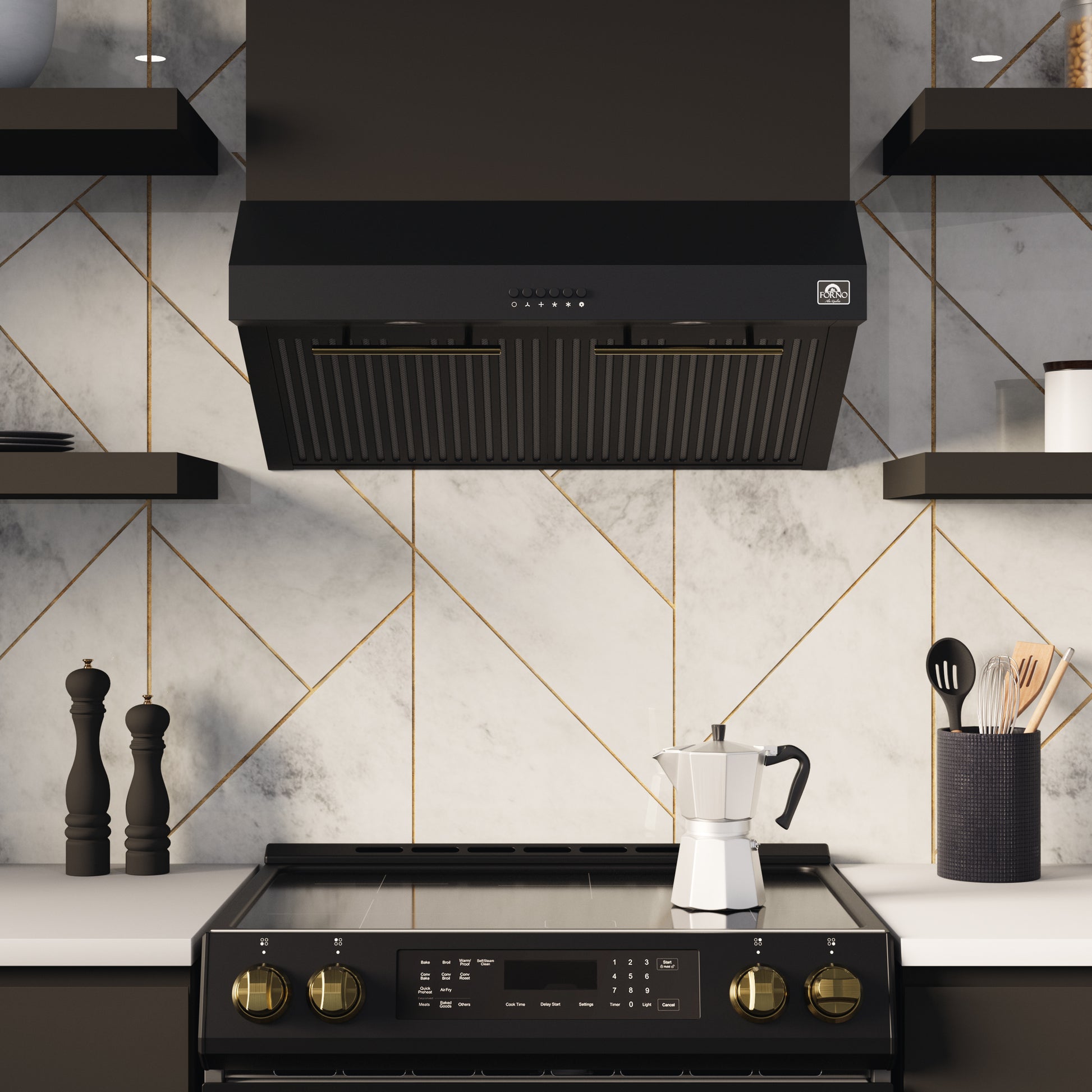 FORNO Premium 3-Piece Kitchen Bundle - Leonardo Espresso 30" Black Range, 30" Black Range Hood, 31" Black Refrigerator - FBDL-001-02CA - Forno Appliances