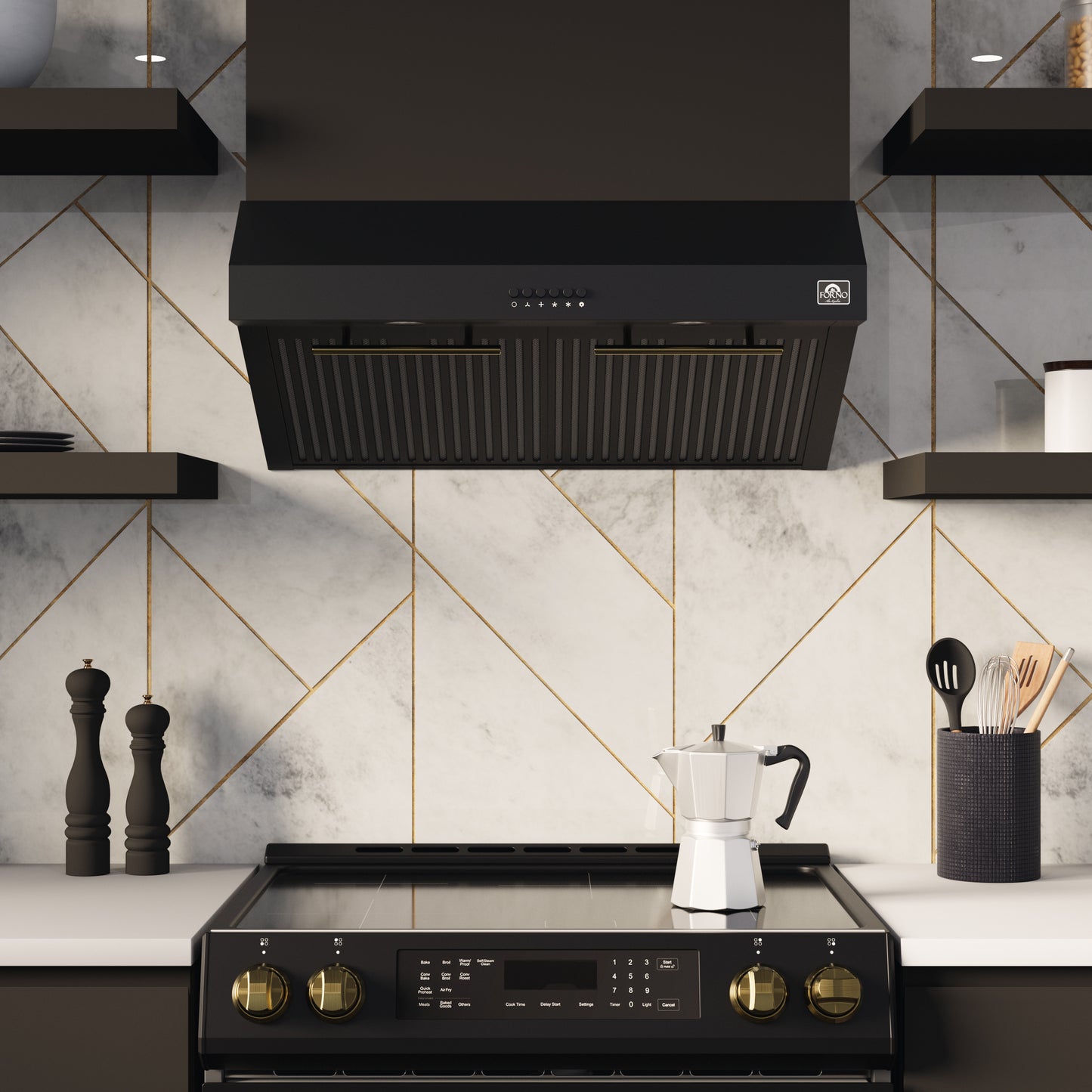 Forno Bari Espresso 30-Inch Under Cabinet Range Hood, Black, 600 CFM, LED Lighting, Dishwasher-Safe Baffle Filters, 3-Speed Fan Control - Forno Appliances
