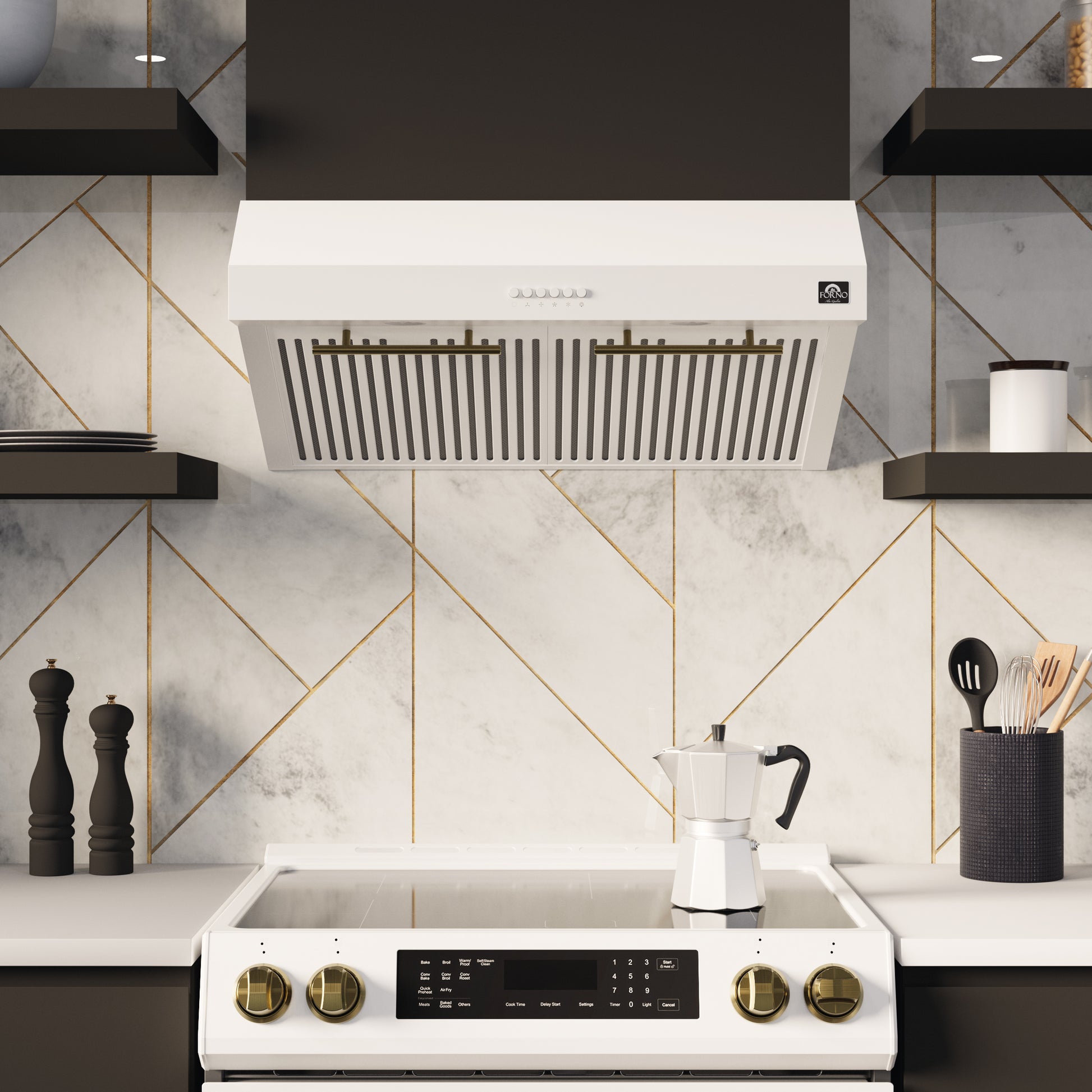 FORNO Premium 2-Piece Kitchen Bundle - Leonardo Espresso 30" White Range, 30" White Range Hood - FBDL-002-03CA - Forno Appliances