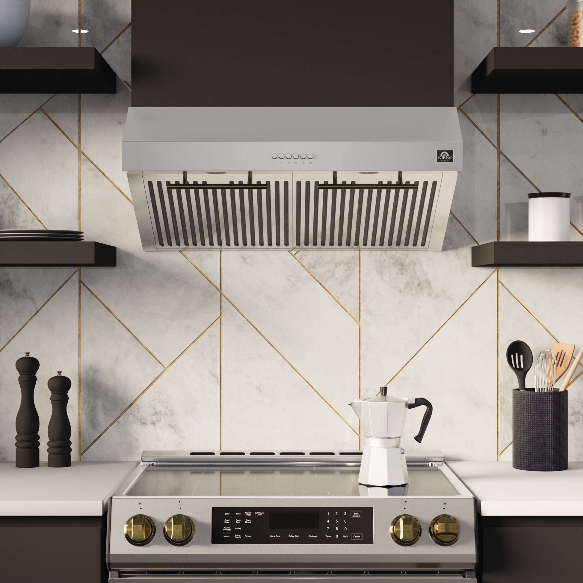 FORNO Premium 4-Piece Kitchen Bundle - 30" Electric Range, 30" Range Hood, 31" French Door Refrigerator, 24" Built-In Dishwasher, Stainless Steel - FBDL-010-01US - Forno Appliances