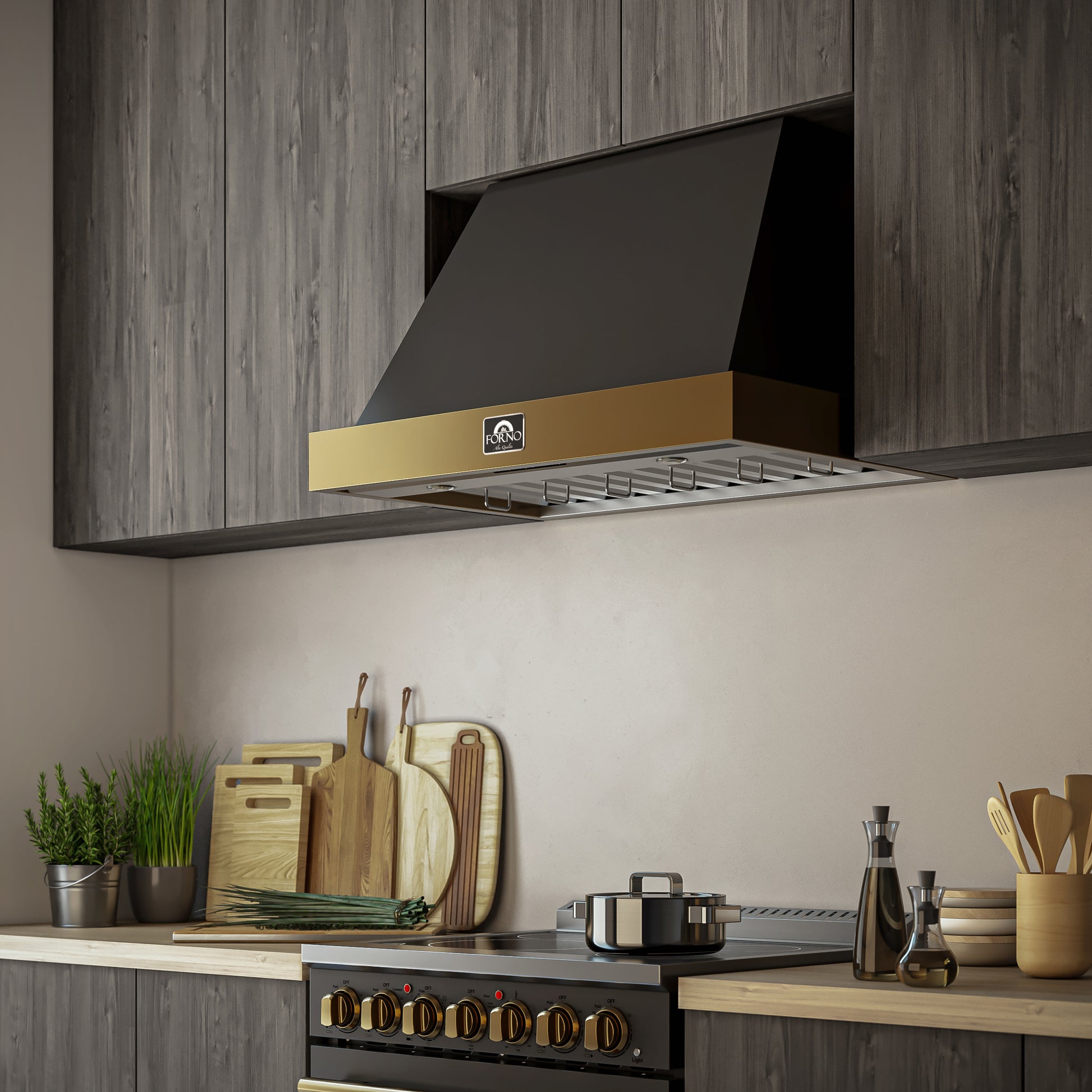 Forno Vittorio 36-Inch Wall Mount Range Hood, Black with Antique Brass Trim, 424 CFM Airflow, Dishwasher-Safe Baffle Filters, Remote Control, 3-Speed Fan, Bright LED Lighting. - Forno Appliances