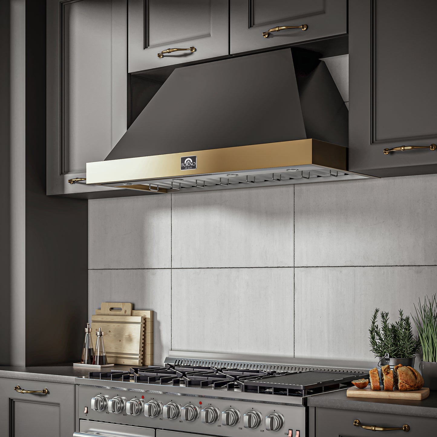 Forno Vittorio 48-Inch Wall Mount Range Hood, Black with Antique Brass Trim, 424 CFM Airflow, Dishwasher-Safe Baffle Filters, Remote Control, 3-Speed Fan, Bright LED Lighting. - Forno Appliances