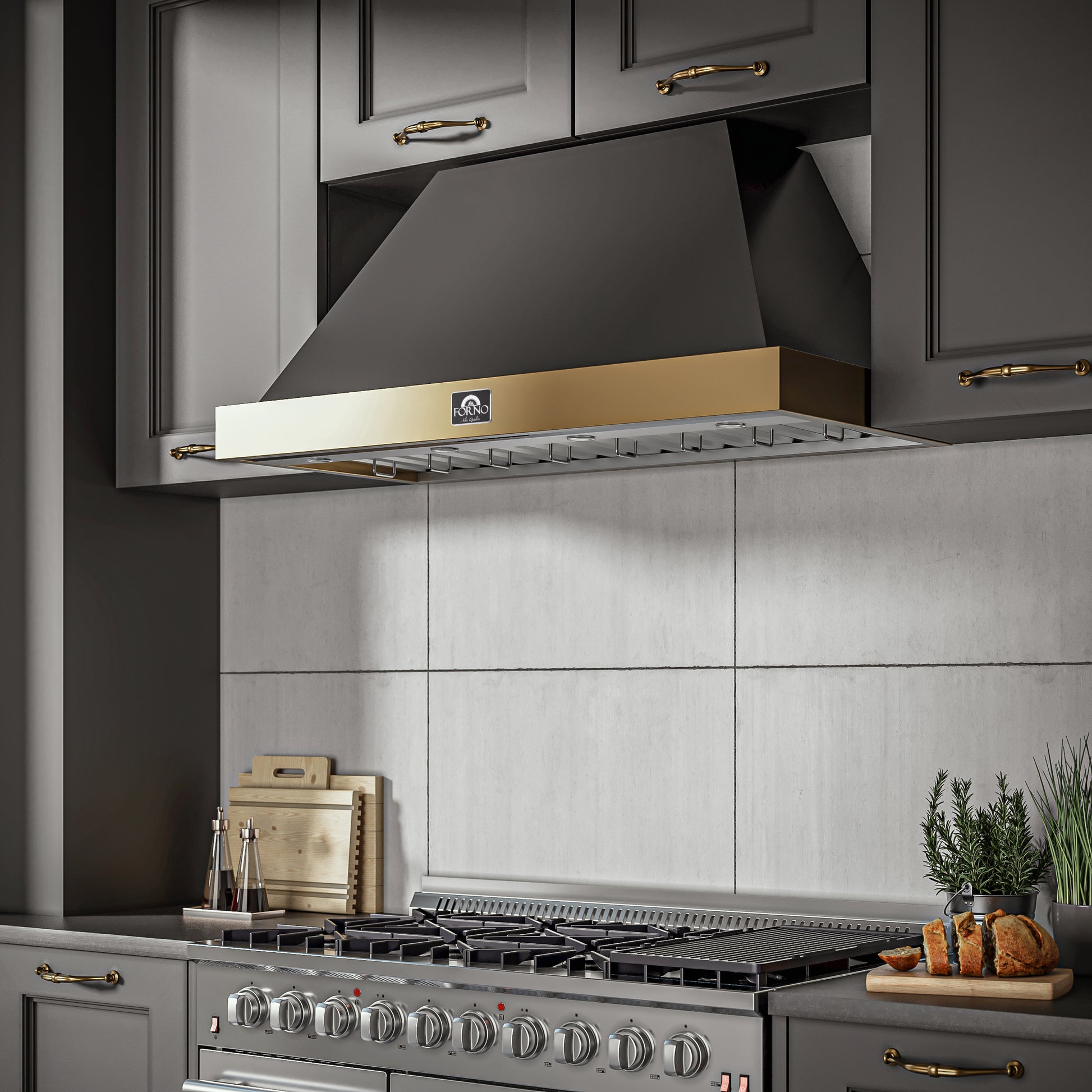 Forno Vittorio 48-Inch Wall Mount Range Hood, Black with Antique Brass Trim, 424 CFM Airflow, Dishwasher-Safe Baffle Filters, Remote Control, 3-Speed Fan, Bright LED Lighting. - Forno Appliances