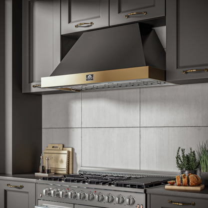 Forno Vittorio 48-Inch Wall Mount Range Hood, Black with Antique Brass Trim, 424 CFM Airflow, Dishwasher-Safe Baffle Filters, Remote Control, 3-Speed Fan, Bright LED Lighting. - Forno Appliances