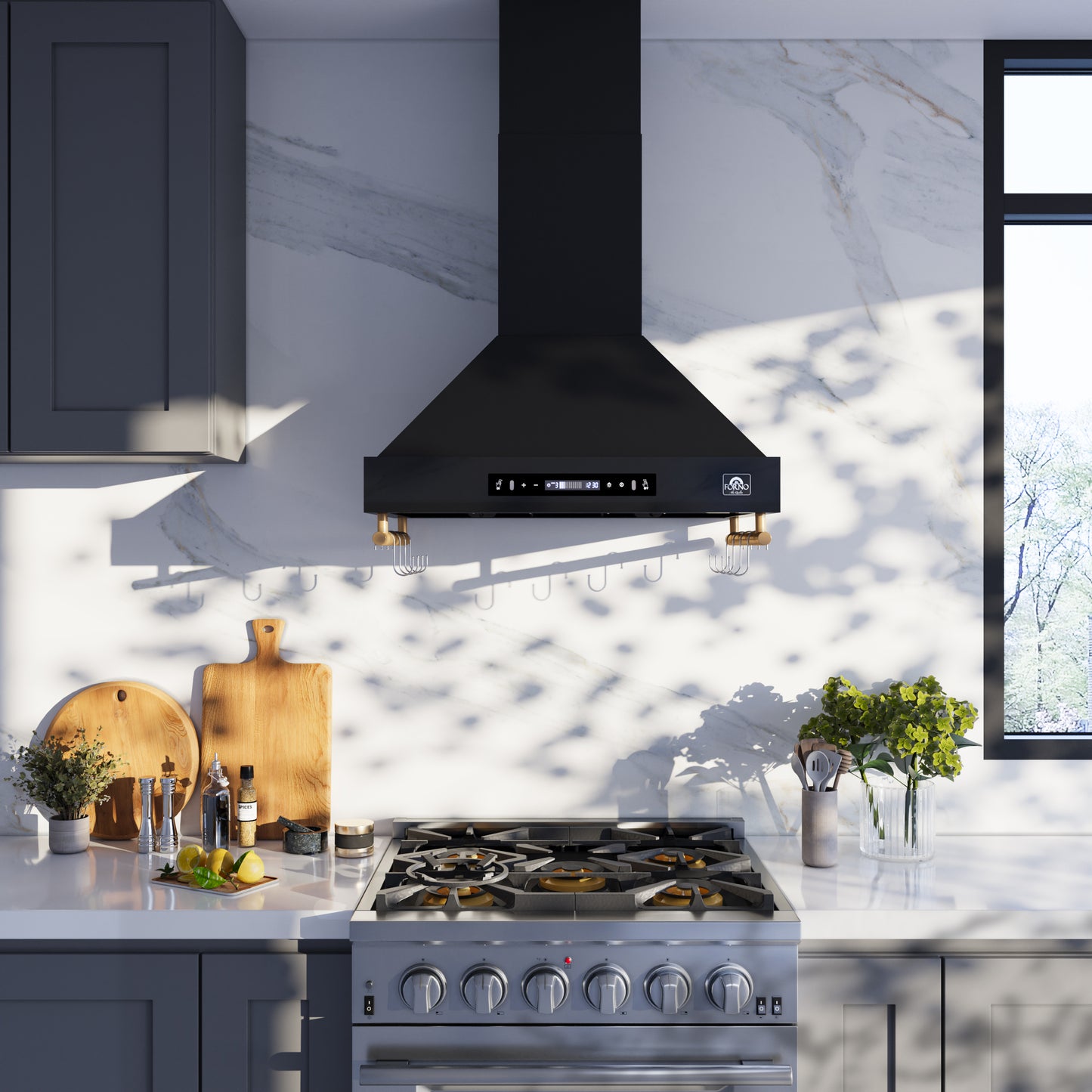 Forno Venezia 30 Inch Wall-Mounted Range Hood in Black with Touch Controls and Baffle Filters - Forno Appliances