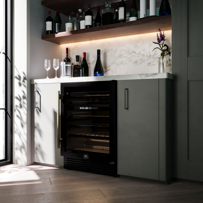 Forno Bacchino 24 Inch Wine Cooler, Black with Antique Brass Handles, with LED Lighting, Triple Glass Door, 51 Bottle Capacity, Built-In or Freestanding - Forno Appliances