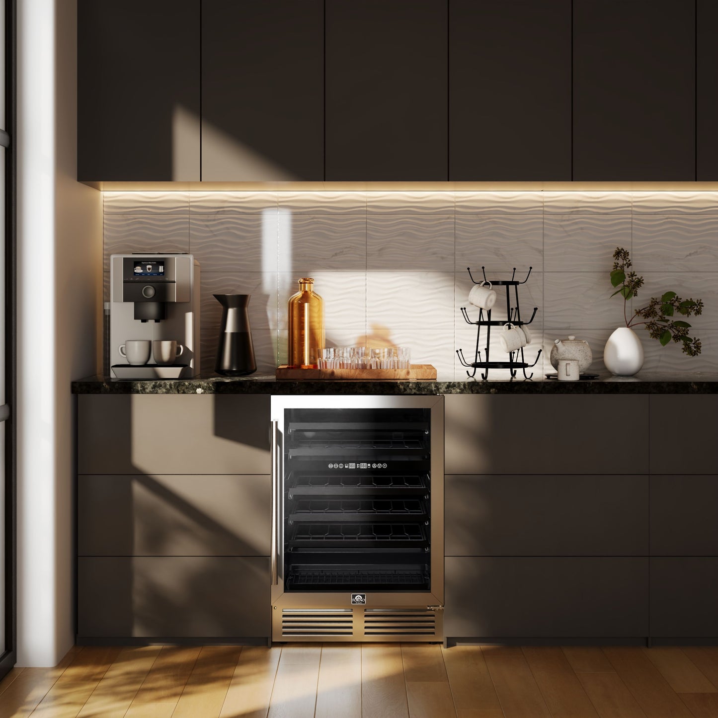 Forno Bacchino 24 Inch Wine Cooler, Stainless Steel, with LED Lighting, Triple Glass Door, 51 Bottle Capacity, Built-In or Freestanding - Forno Appliances