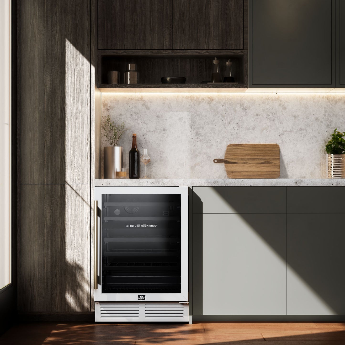 Forno Bacchino 24 Inch Wine Cooler, White with Antique Brass Handles, with LED Lighting, Triple Glass Door, 51 Bottle Capacity, Built-In or Freestanding - Forno Appliances