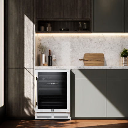 Forno Bacchino 24 Inch Wine Cooler, White with Antique Brass Handles, with LED Lighting, Triple Glass Door, 51 Bottle Capacity, Built-In or Freestanding - Forno Appliances