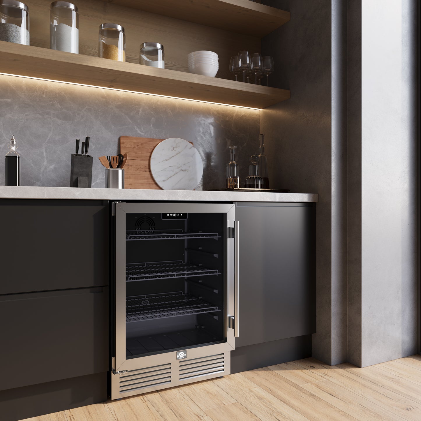 Forno Frescolino 24 Inch Beverage Cooler, Stainless Steel, with LED Lighting, Triple Glass Door, 188 Can Capacity, Built-In or Freestanding - Forno Appliances