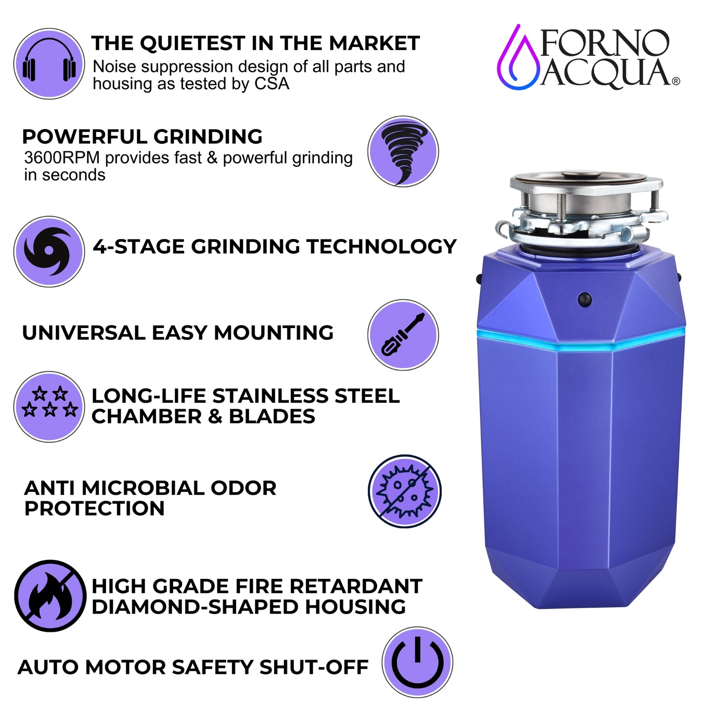 FORNO ACQUA BrightDIAMOND Amethyst 3/4HP Super Quiet Garbage Disposal Corded with Motion Sensor Cabinet Light & Pre-Wired Air Switch - Forno Appliances
