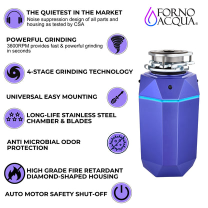 FORNO ACQUA BrightDIAMOND Amethyst 3/4HP Super Quiet Garbage Disposal Corded with Motion Sensor Cabinet Light & Pre-Wired Air Switch - Forno Appliances