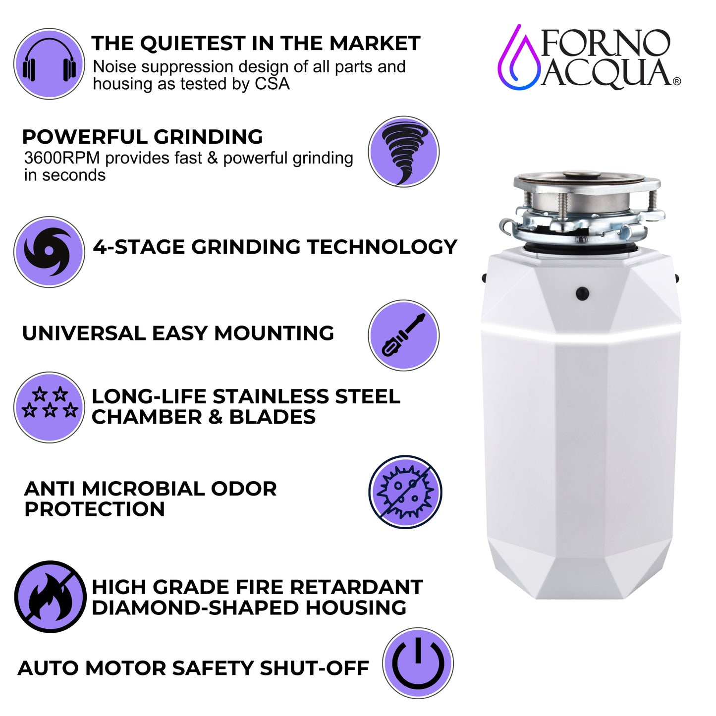 FORNO ACQUA BrightDIAMOND Moonstone 1HP Super Quiet Garbage Disposal Corded with Motion Sensor Cabinet Light & Pre-Wired Air Switch - Forno Appliances