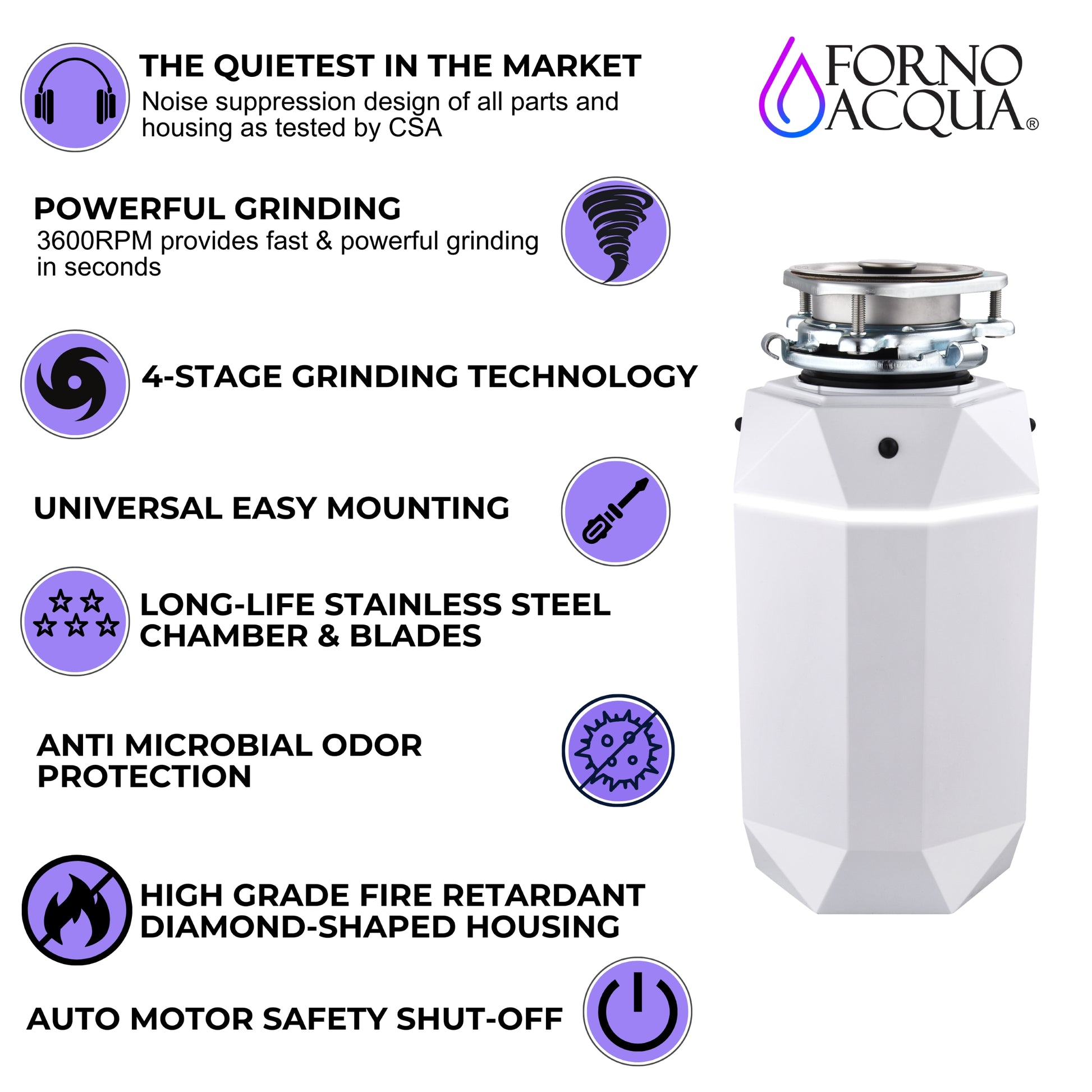 FORNO ACQUA BrightDIAMOND Moonstone 1HP Super Quiet Garbage Disposal Corded with Motion Sensor Cabinet Light & Pre-Wired Air Switch - Forno Appliances