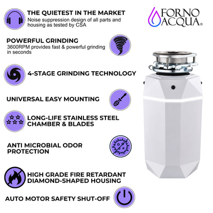 FORNO ACQUA BrightDIAMOND Moonstone 1HP Super Quiet Garbage Disposal Corded with Motion Sensor Cabinet Light & Pre-Wired Air Switch - Forno Appliances