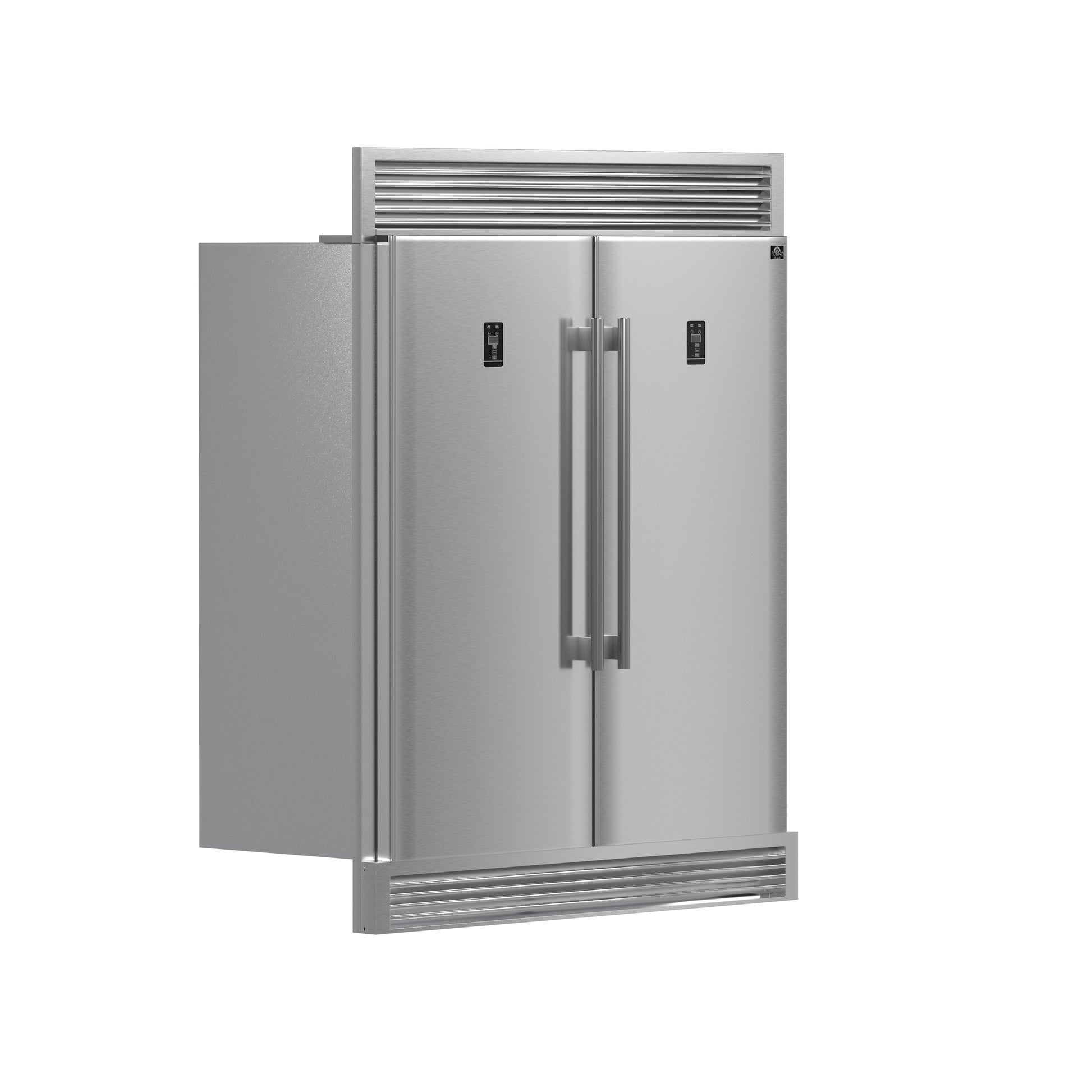 FORNO Premium 3-Piece Kitchen Bundle - FORNO Galiano 48" Freestanding Gas Range, FORNO Rizzuto 60" W. Dual Combo Convertible Refrigerator, FORNO 48" Wall Mount Range Hood - FBDL-018-02US - Forno Appliances
