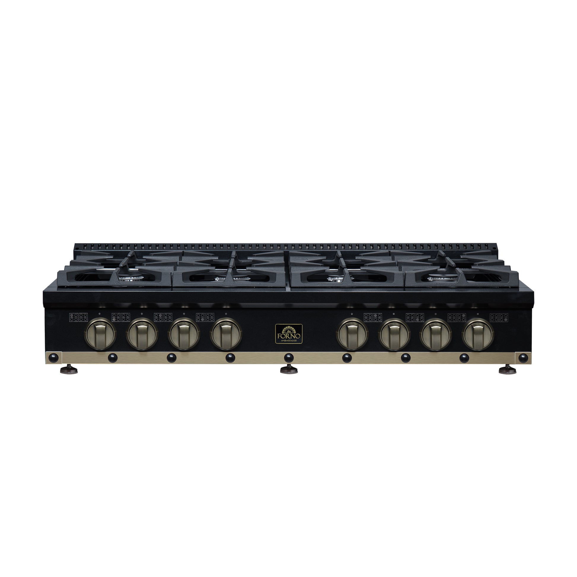 Valente 48" Gas Cooktop in Black, 8 Sealed burners, 94,000 BUT Output, 2 Antique Brass Dual-Ring Burners, Continuous Cast Iron Grates - Forno Appliances