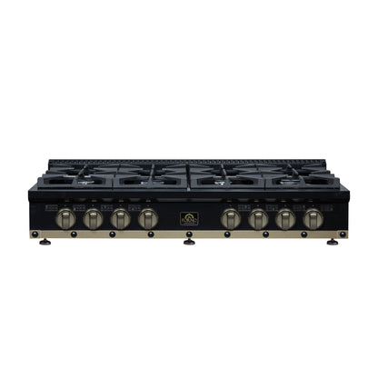 Valente 48" Gas Cooktop in Black, 8 Sealed burners, 94,000 BUT Output, 2 Antique Brass Dual-Ring Burners, Continuous Cast Iron Grates - Forno Appliances