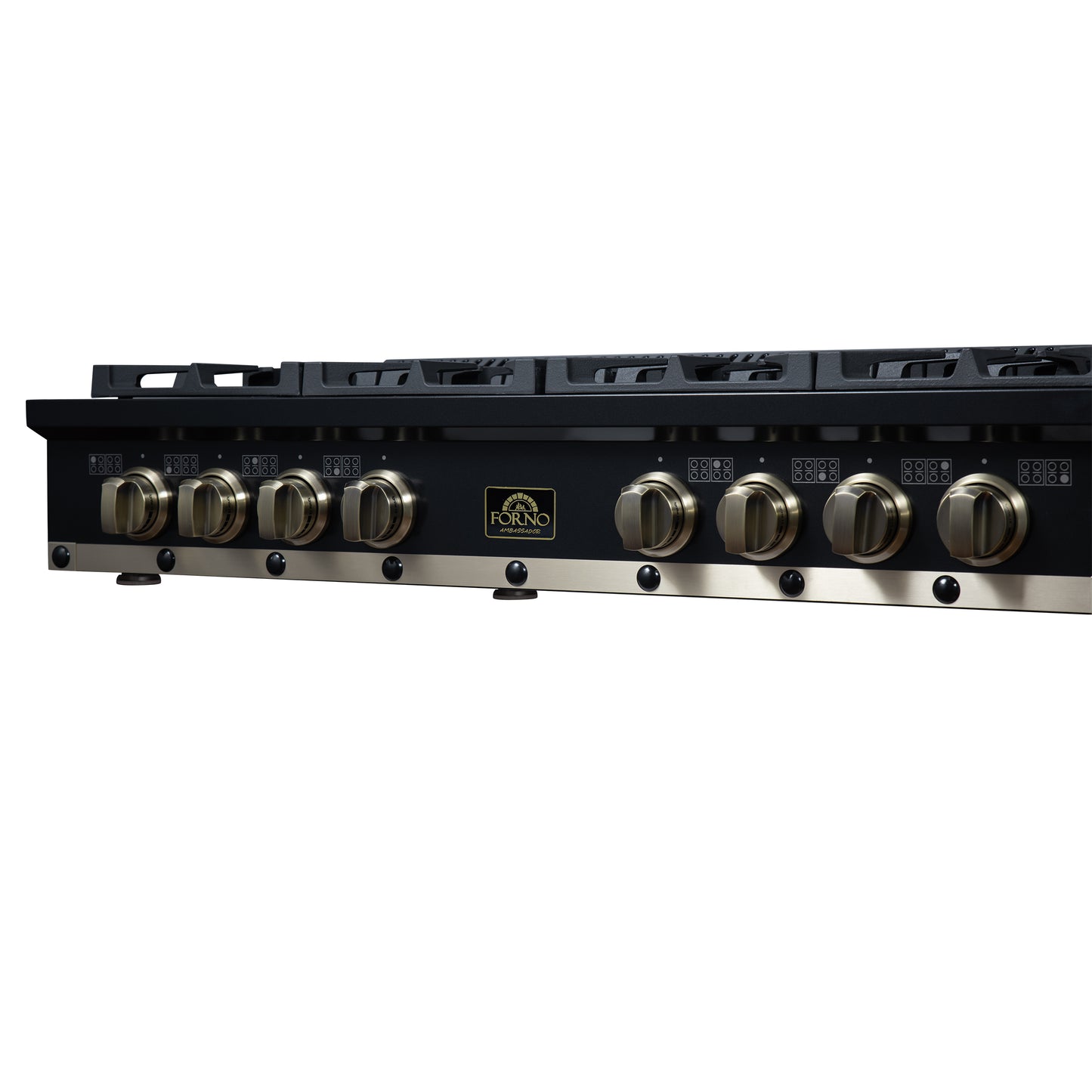 Valente 48" Gas Cooktop in Black, 8 Sealed burners, 94,000 BUT Output, 2 Antique Brass Dual-Ring Burners, Continuous Cast Iron Grates - Forno Appliances