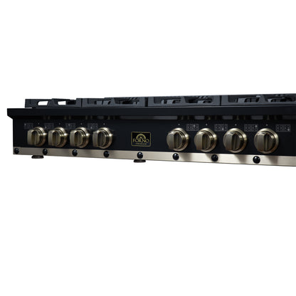 Valente 48" Gas Cooktop in Black, 8 Sealed burners, 94,000 BUT Output, 2 Antique Brass Dual-Ring Burners, Continuous Cast Iron Grates - Forno Appliances