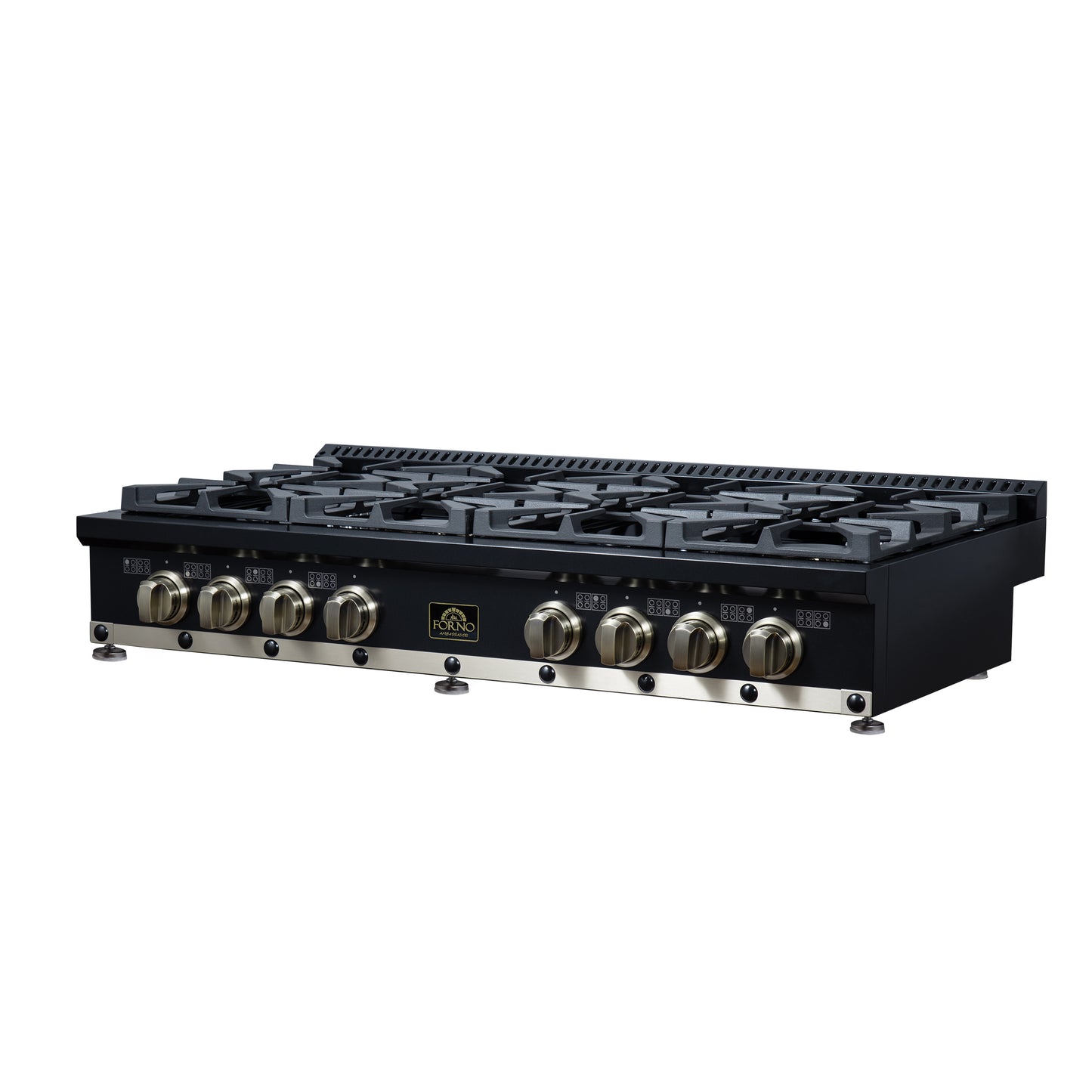 Valente 48" Gas Cooktop in Black, 8 Sealed burners, 94,000 BUT Output, 2 Antique Brass Dual-Ring Burners, Continuous Cast Iron Grates - Forno Appliances