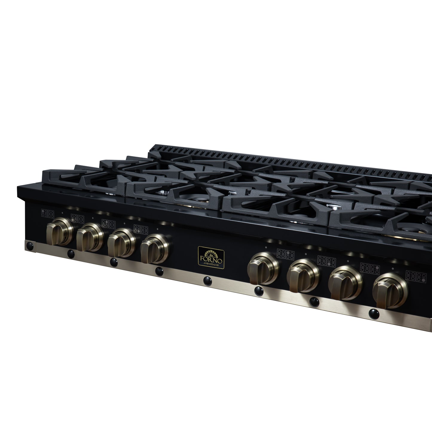 Valente 48" Gas Cooktop in Black, 8 Sealed burners, 94,000 BUT Output, 2 Antique Brass Dual-Ring Burners, Continuous Cast Iron Grates - Forno Appliances