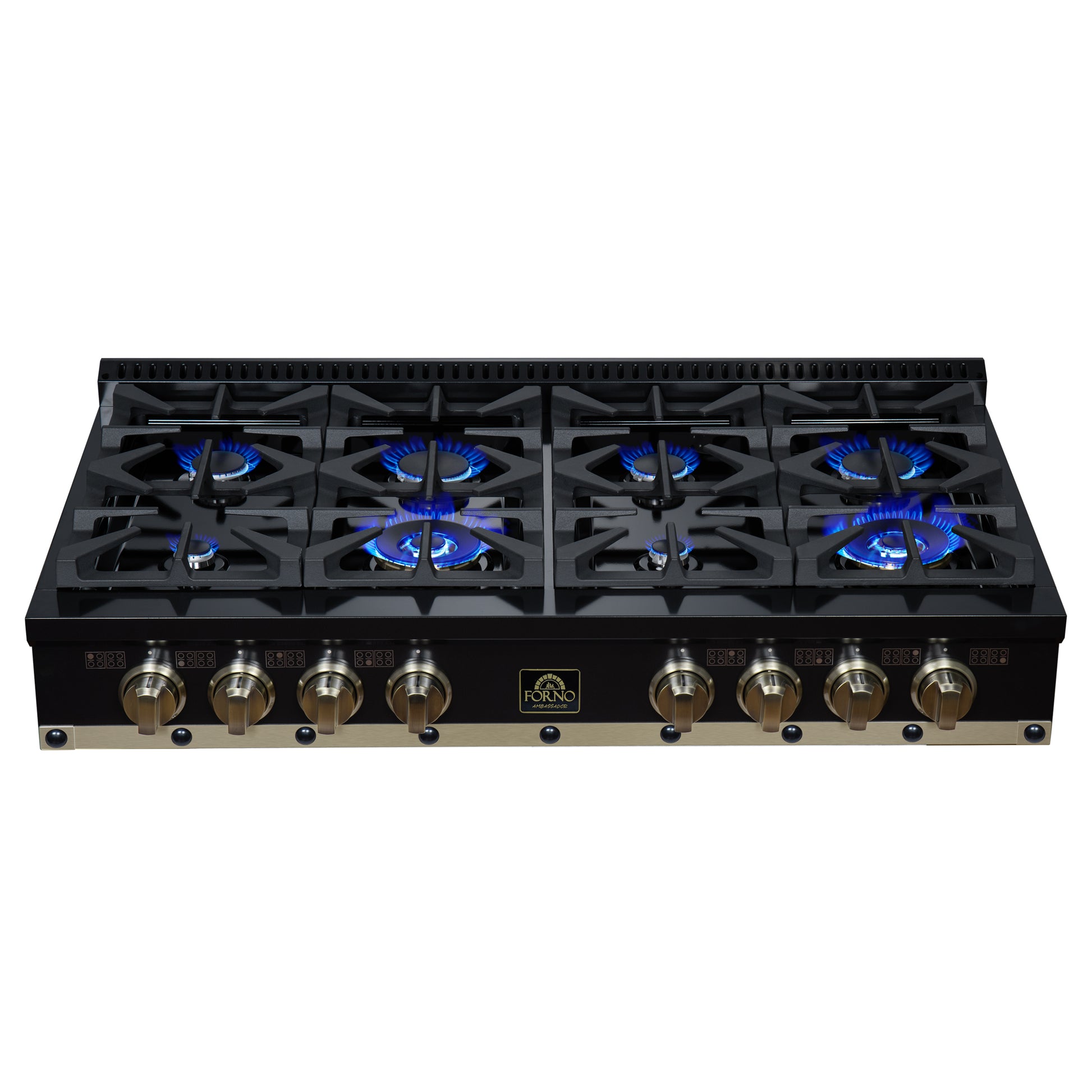 Valente 48" Gas Cooktop in Black, 8 Sealed burners, 94,000 BUT Output, 2 Antique Brass Dual-Ring Burners, Continuous Cast Iron Grates - Forno Appliances