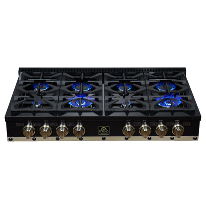 Valente 48" Gas Cooktop in Black, 8 Sealed burners, 94,000 BUT Output, 2 Antique Brass Dual-Ring Burners, Continuous Cast Iron Grates - Forno Appliances