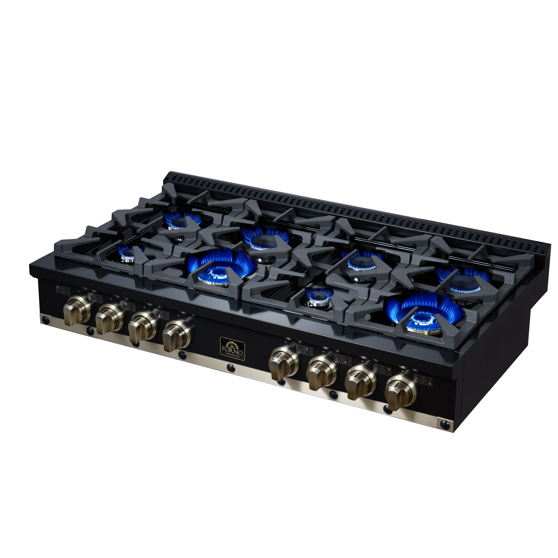Valente 48" Gas Cooktop in Black, 8 Sealed burners, 94,000 BUT Output, 2 Antique Brass Dual-Ring Burners, Continuous Cast Iron Grates - Forno Appliances