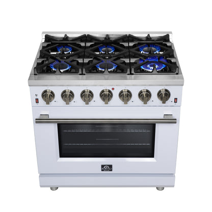 Cuisinière à gaz autoportante blanche Forno Massimo de 36 pouces, 6 brûleurs scellés, four à convection, économe en énergie