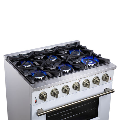 Cuisinière à gaz autoportante blanche Forno Massimo de 36 pouces, 6 brûleurs scellés, four à convection, économe en énergie