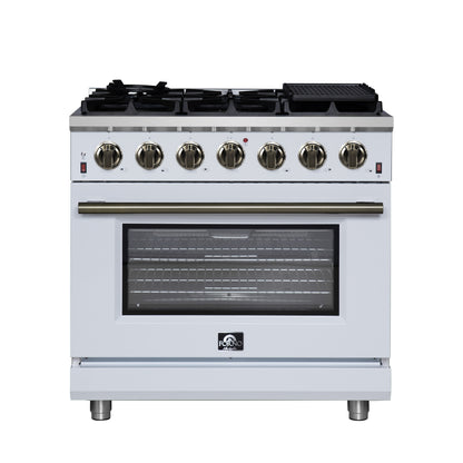 Cuisinière à gaz autoportante blanche Forno Massimo de 36 pouces, 6 brûleurs scellés, four à convection, économe en énergie