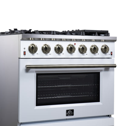 Cuisinière à gaz autoportante blanche Forno Massimo de 36 pouces, 6 brûleurs scellés, four à convection, économe en énergie