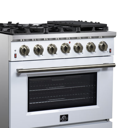 Cuisinière à gaz autoportante blanche Forno Massimo de 36 pouces, 6 brûleurs scellés, four à convection, économe en énergie