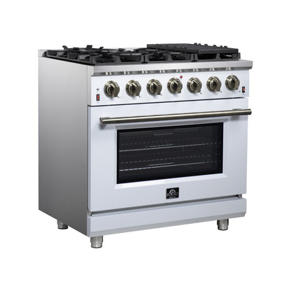 Cuisinière à gaz autoportante blanche Forno Massimo de 36 pouces, 6 brûleurs scellés, four à convection, économe en énergie