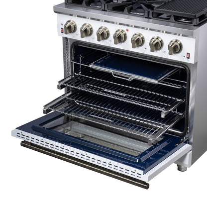 Cuisinière à gaz autoportante blanche Forno Massimo de 36 pouces, 6 brûleurs scellés, four à convection, économe en énergie