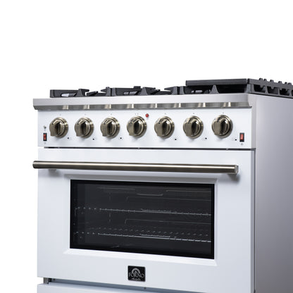 Cuisinière à gaz autoportante blanche Forno Massimo de 36 pouces, 6 brûleurs scellés, four à convection, économe en énergie