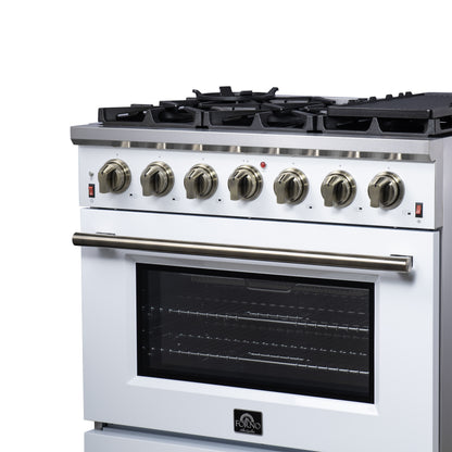 Cuisinière à gaz autoportante blanche Forno Massimo de 36 pouces, 6 brûleurs scellés, four à convection, économe en énergie