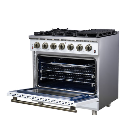 Cuisinière à gaz autoportante blanche Forno Massimo de 36 pouces, 6 brûleurs scellés, four à convection, économe en énergie