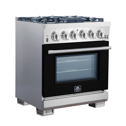 Forno Capriasca 30-Inch Freestanding Gas Range, 4 Burners, True Convection Oven, Black Door
